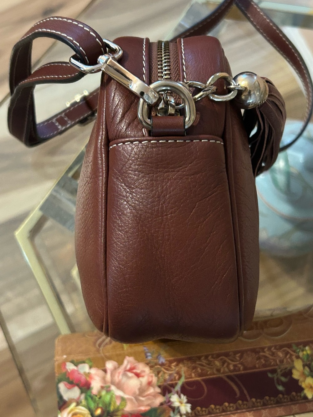 Mario Valentino Cognac Leather Quilted V Crossbody Bag with Fringe Tassel - Picture 9 of 14